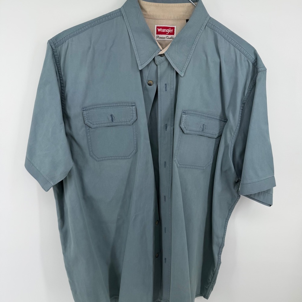 Wrangler Mens XL Blue Short Sleeve Button Down Shirt Cotton Workwear 0086